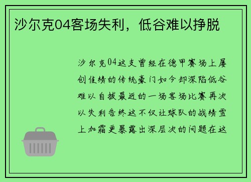 沙尔克04客场失利，低谷难以挣脱