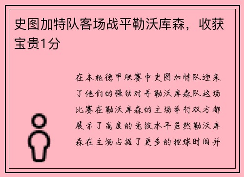 史图加特队客场战平勒沃库森，收获宝贵1分