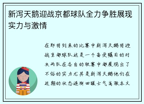 新泻天鹅迎战京都球队全力争胜展现实力与激情