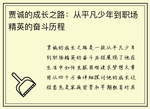 贾诚的成长之路：从平凡少年到职场精英的奋斗历程