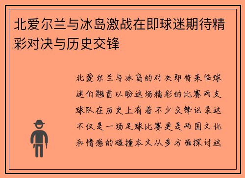 北爱尔兰与冰岛激战在即球迷期待精彩对决与历史交锋