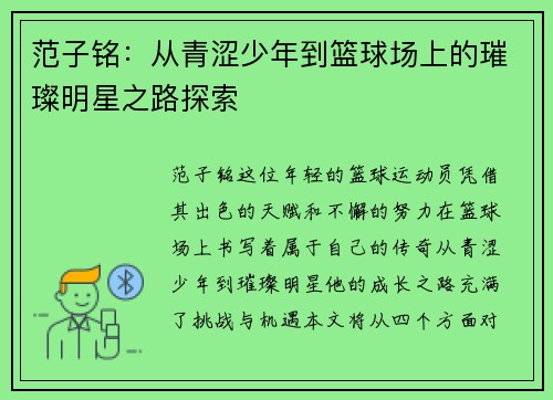 范子铭：从青涩少年到篮球场上的璀璨明星之路探索